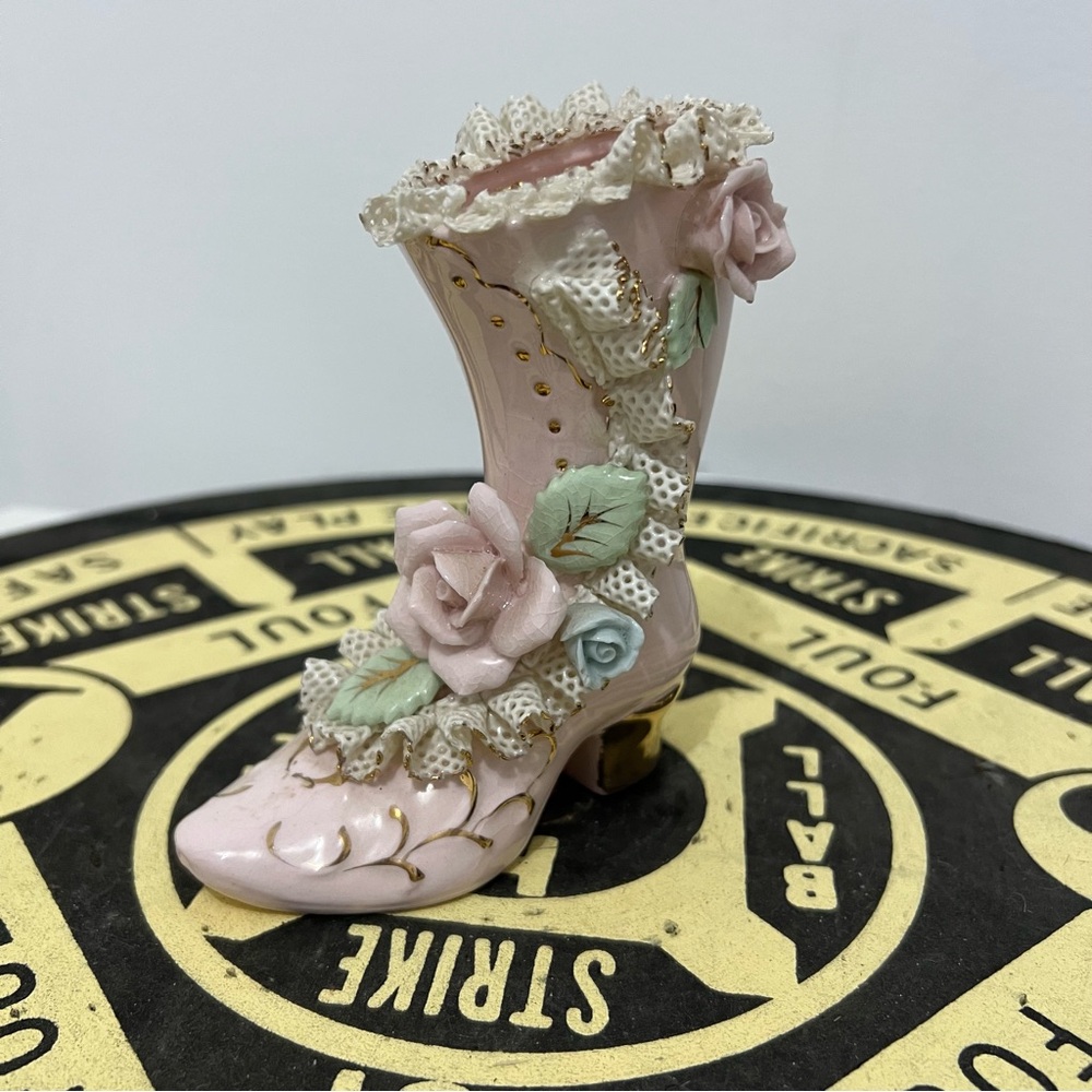 VINTAGE Lipper and Mann Victorian Boot Lace Pink Rose Porcelain Figurine READ